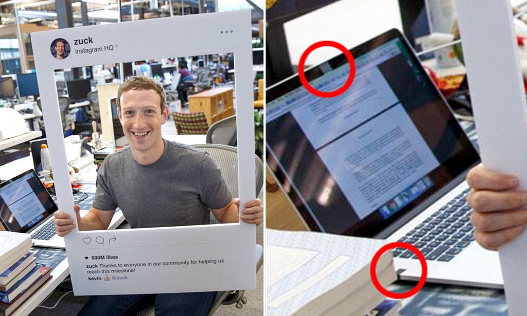 Mark Zuckerberg on the left with laptop in the backgroun, and a zoomed in image of his laptop on the right, with the camera and headphone jack taped up.