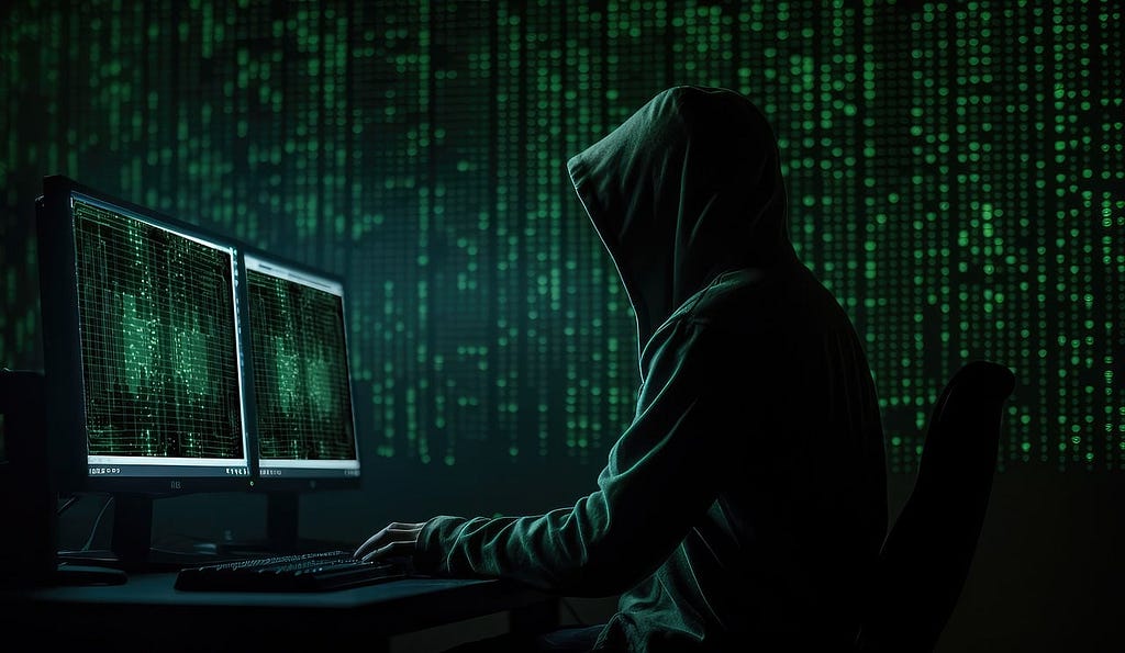 An hacker wearing a hood and coding on 2 pc. There is a matrix like green code in the background