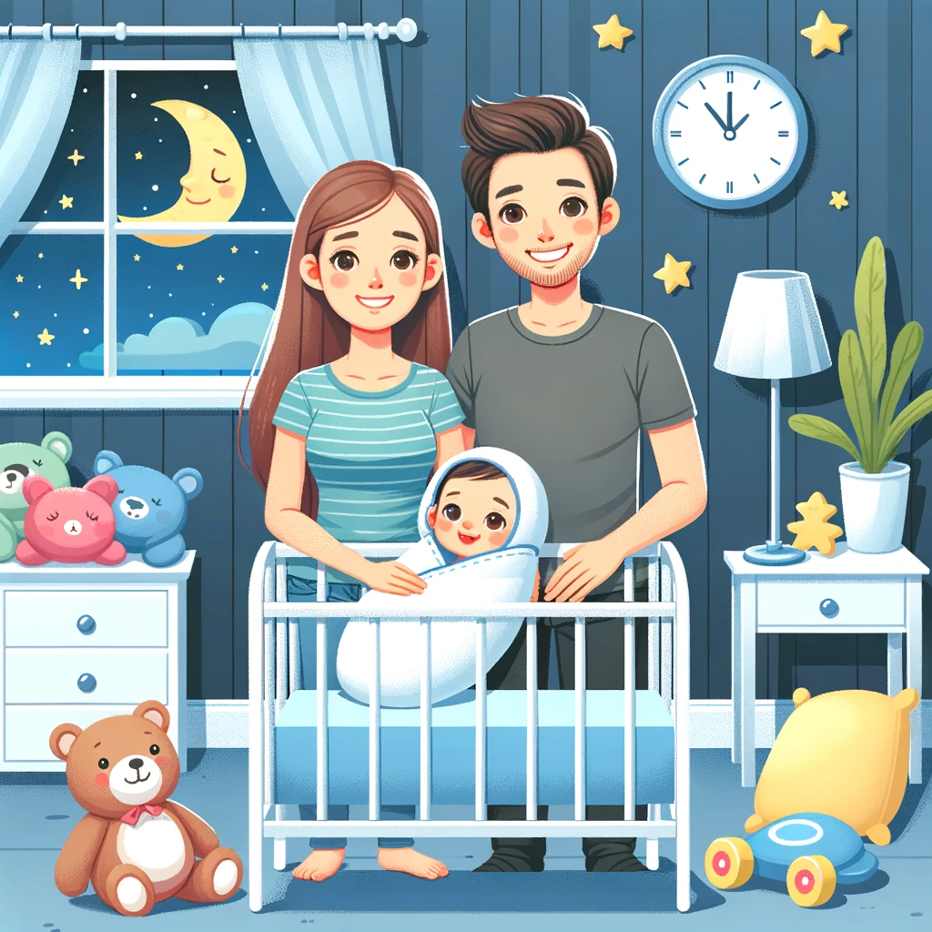 Well-rested parents with their baby enjoying peaceful slumber at midnight