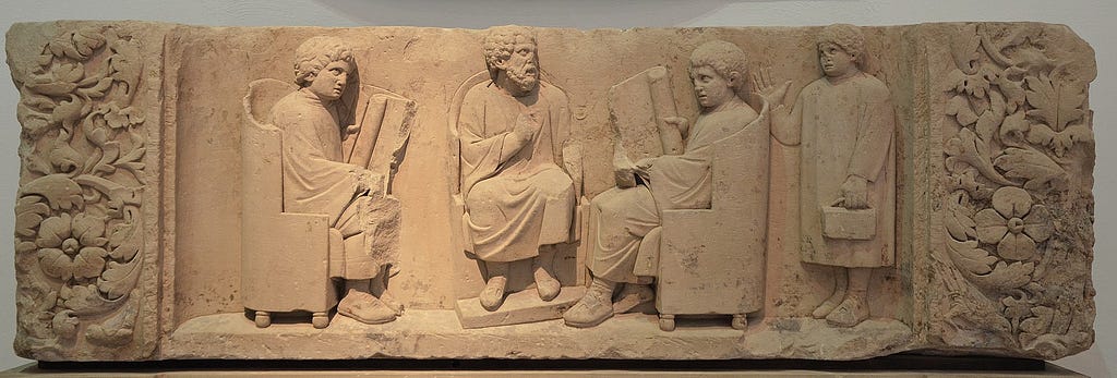 Rheinisches Landesmuseum Trier, Germany, teachers, students, Ancient Greece, stone relief, learning