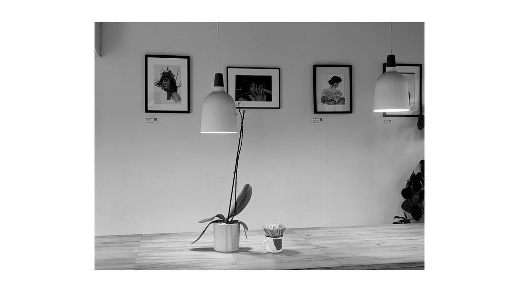 A picture taken by the writer at a cafe with a flower vase of the table, two hanging lamps and artworks on the wall.