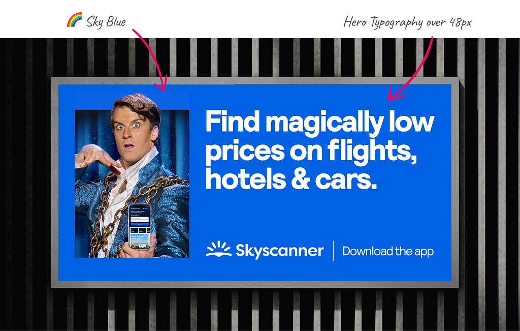 Ad of a magician holding the Skyscanner website on a phone, with the text ‘Find magically low prices prices on flights, hotels and cars’