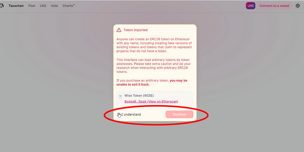 2. Confirm warning — How to buy WISE Token on Uniswap