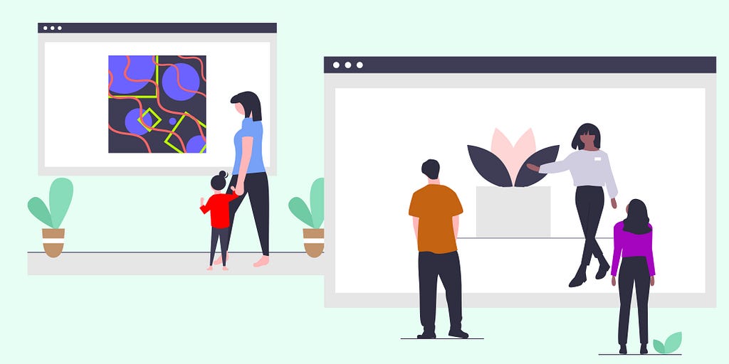 An illustration of web browsers showing artwork for people to view digitally.