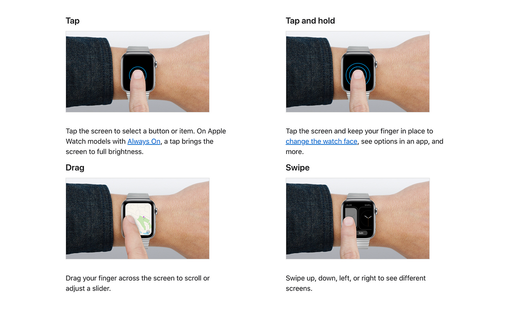 Explanation of different gestures supported by Apple Watch