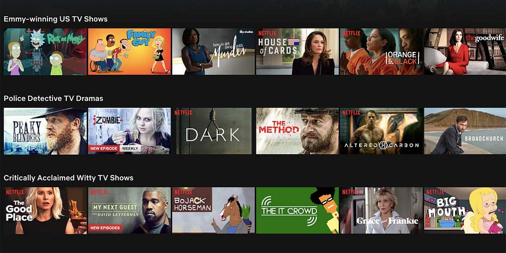 A set of series and movie recommendations on Netflix.