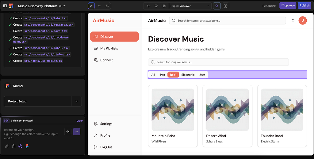 UI generada por Anima, inspirada en la marca Airbnb y mensajes de IA