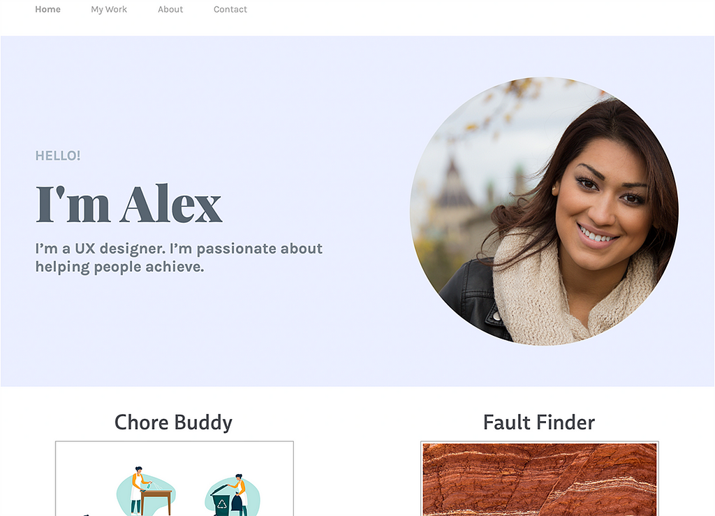 Example of a portfolio homepage with picture of the designer and an introduction with their name and what they want to do.