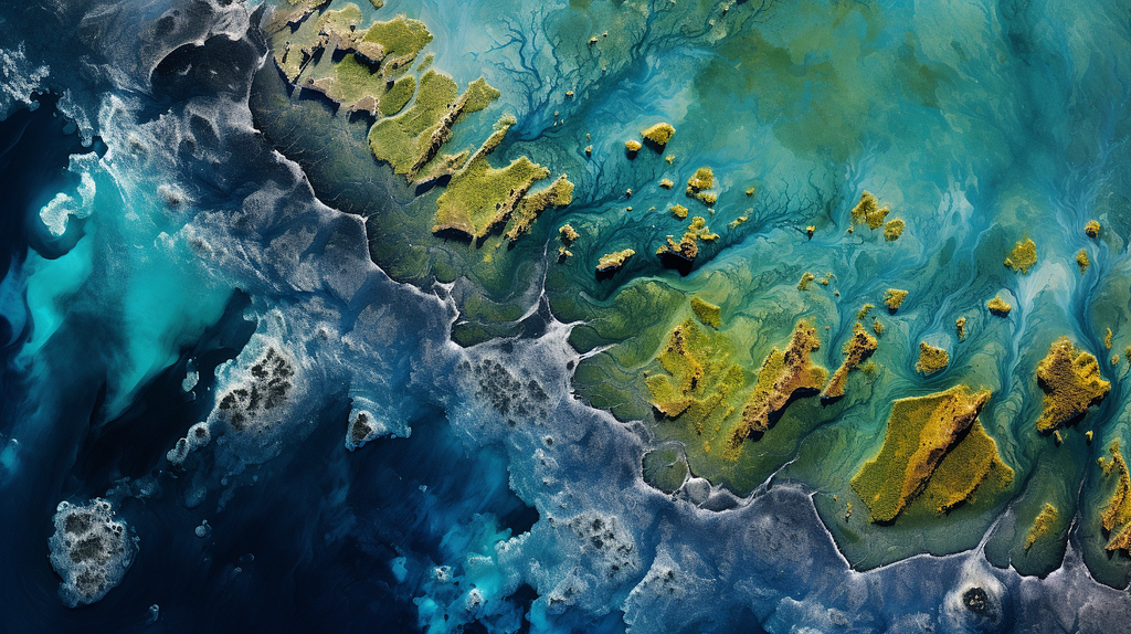 A satellite image capturing the beauty of the ocean’s surface adorned with mesmerizing phytoplankton blooms and intricate patterns of algae growth.