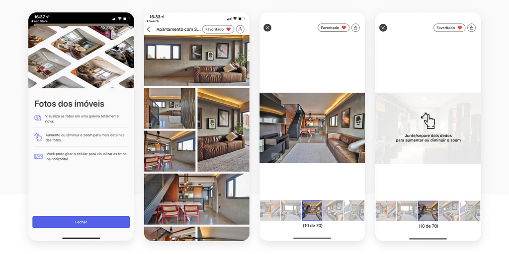 Quatro telas de celulares mostrando a visualização de fotos dos imóveis no aplicativo iOS para moradores
