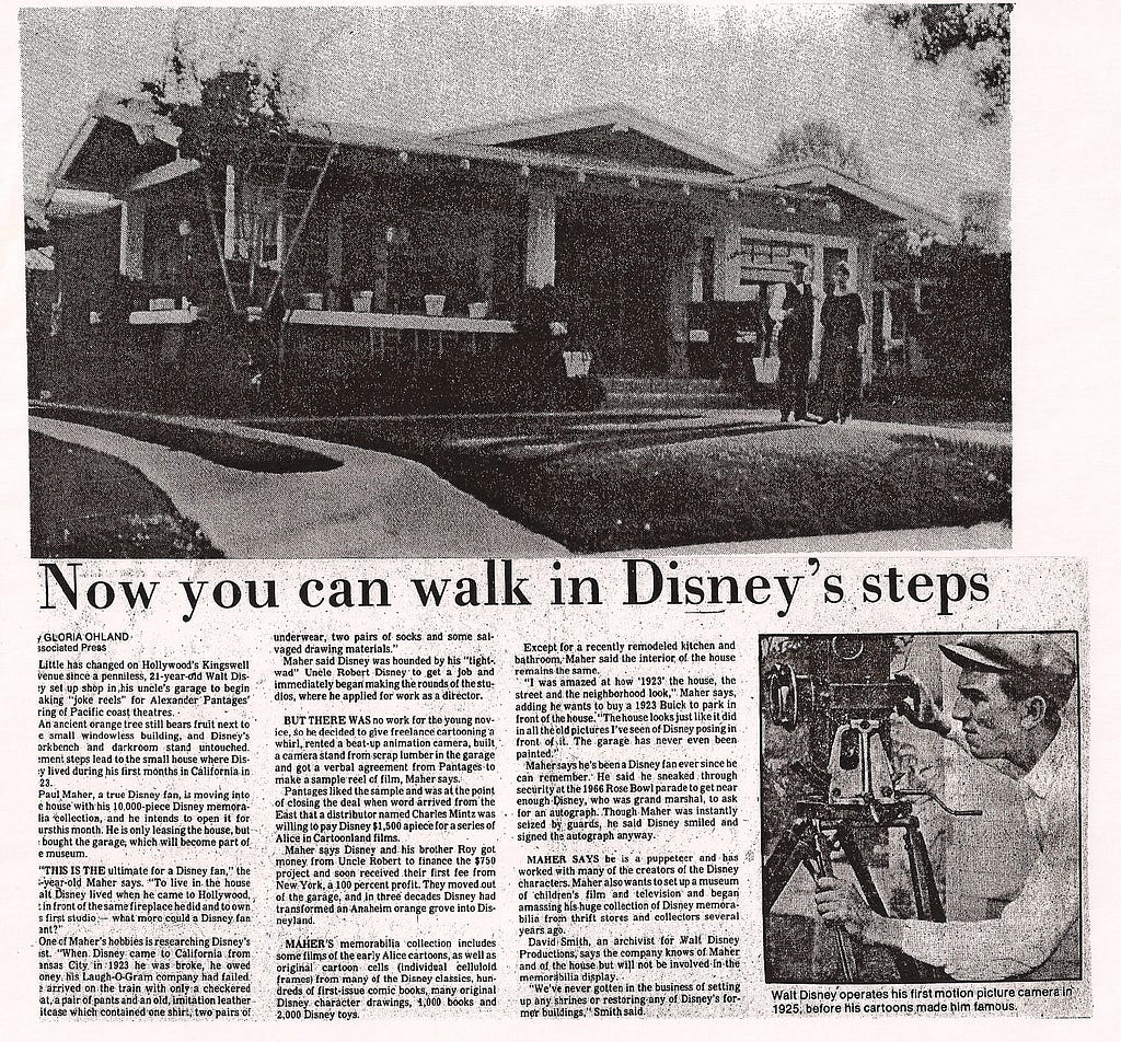 Article in old newspaper about Walt Disney’s first studio at his house in Silver Lake, Los Angeles, CA where he started his dreams.