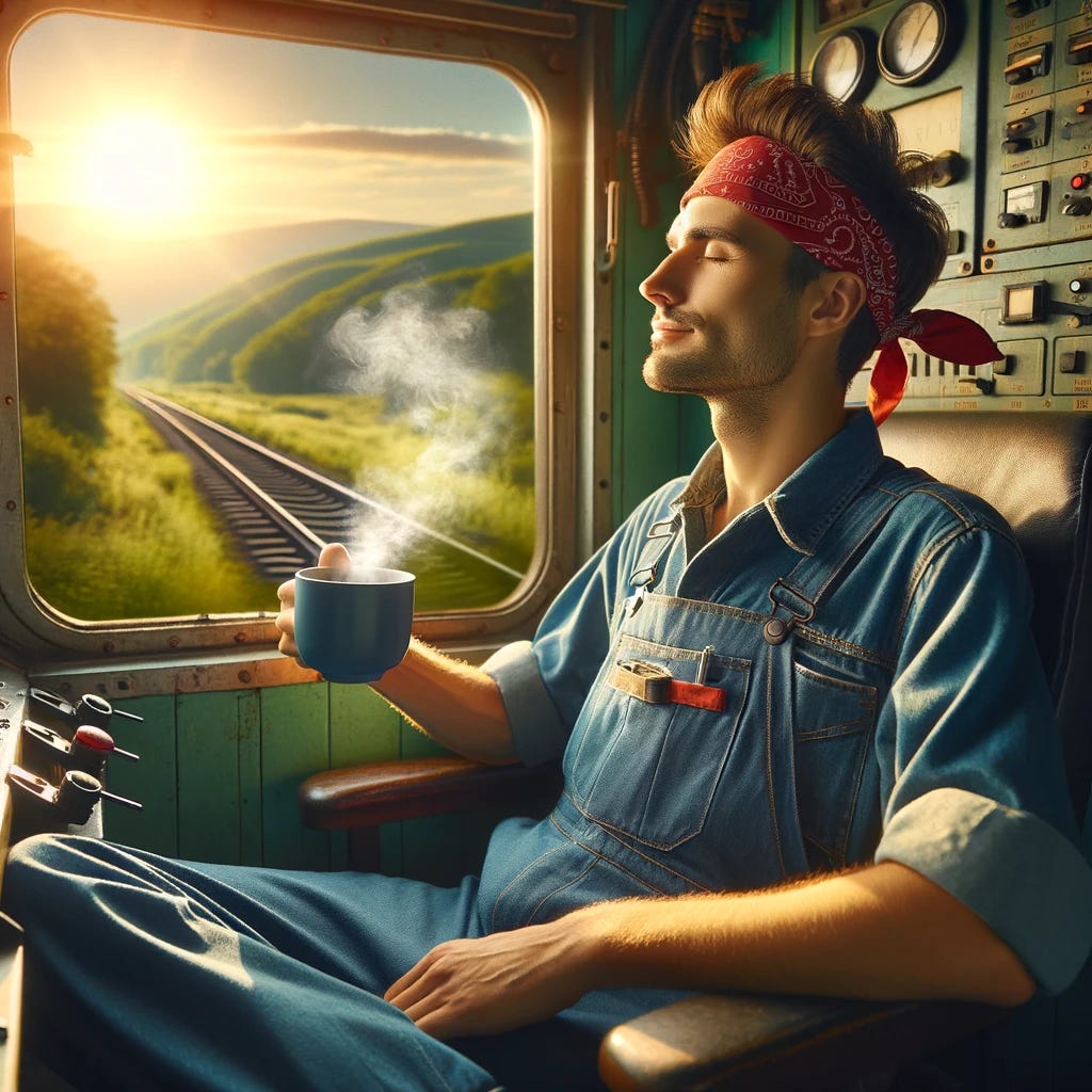 An engineer holding a steaming cup of coffee while sitting in a sunlit locomotive, as a metaphor for a well-functioning production software environment.