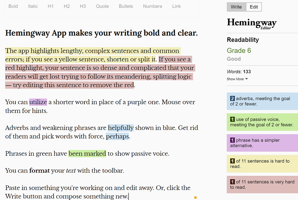 A screenshot of the Hemingway App. The app analyses the readability of the text you put into it, highlighting where sentences or words choices could be simplified or made clearer.