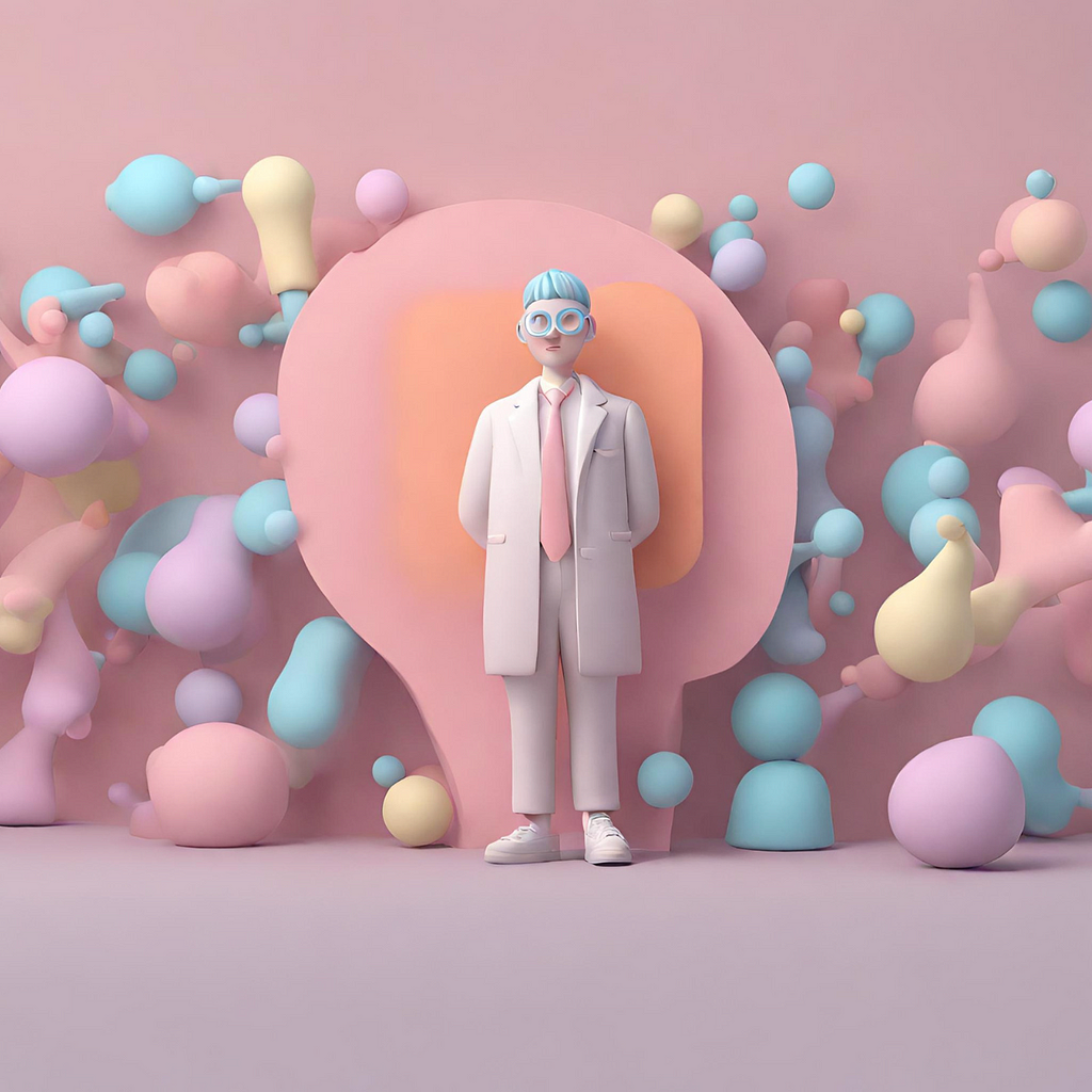 3d minimalistic pastel person wearing a labcoat and glasses, surrounded by shapes