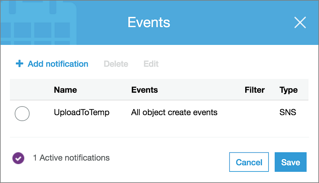 Image of the AWS console showing bucket event property to trigger the UploadToTemp SNS notification when an object is created