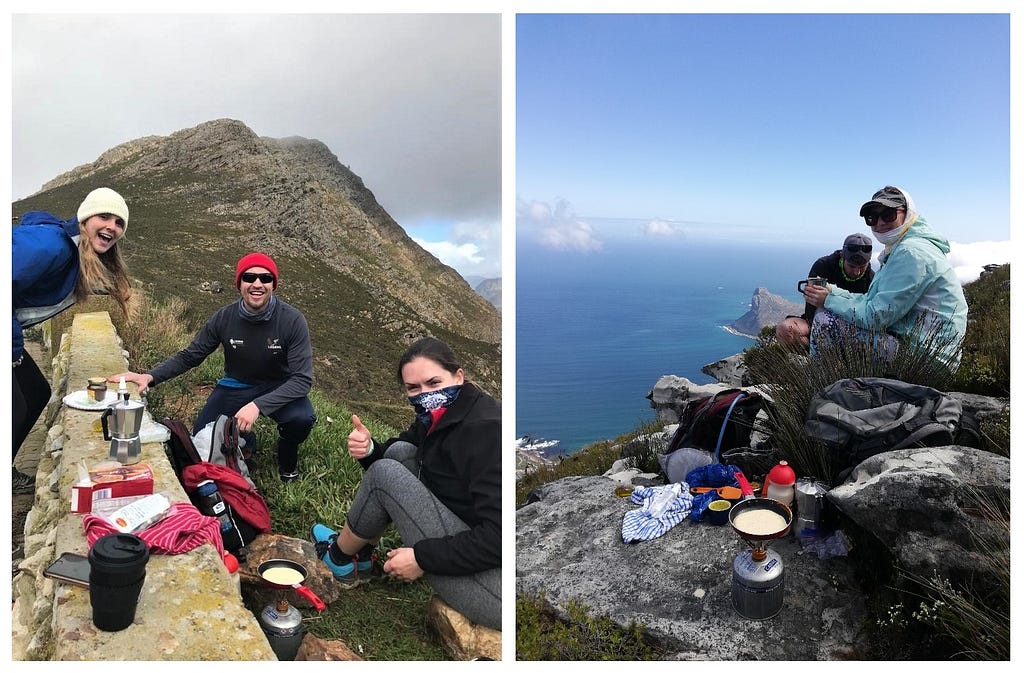 Two photos of groups of hikers making pancakes in the wilderness.