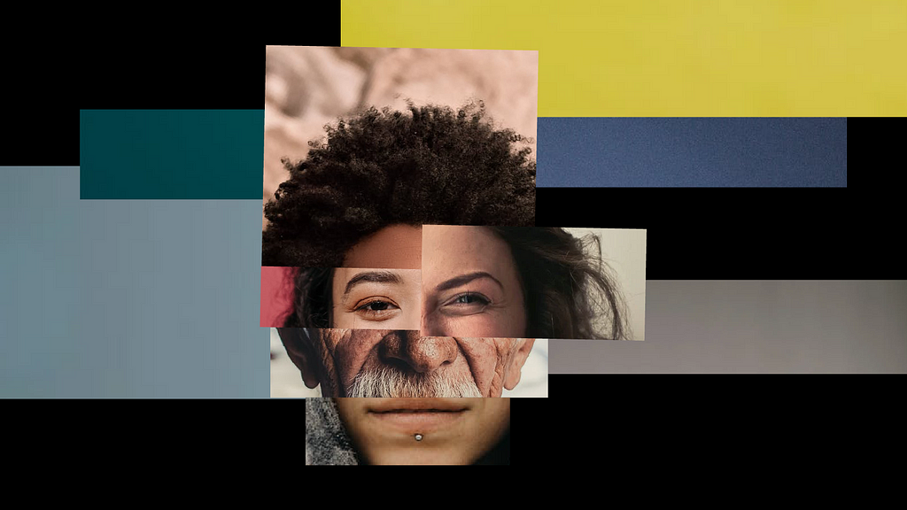 A collage of parts of different faces with different features on a black background with blue, yellow, teal and grey color blocks.