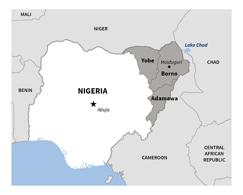 Map of Nigeria with Adamawa, Borno, and Yobe states highlighted