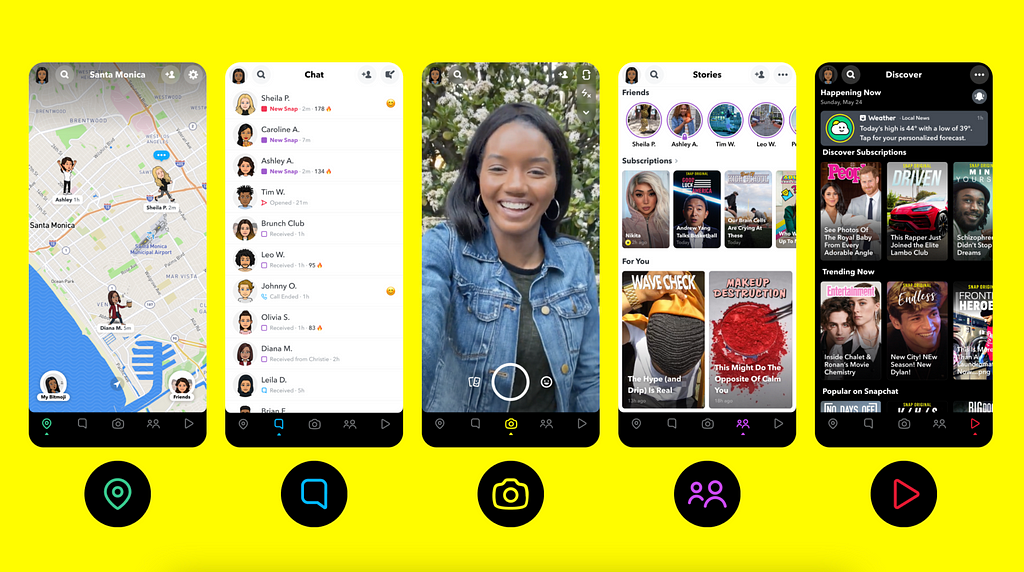 Five screenshots of a Snapchat mobile app showcasing its busy user interface.