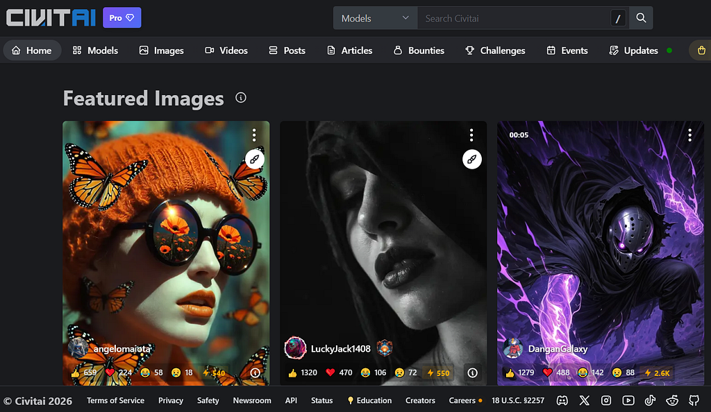 A dark-themed webpage displaying featured AI-generated images on the Civitai platform, with thumbnails, creator names, and engagement metrics.