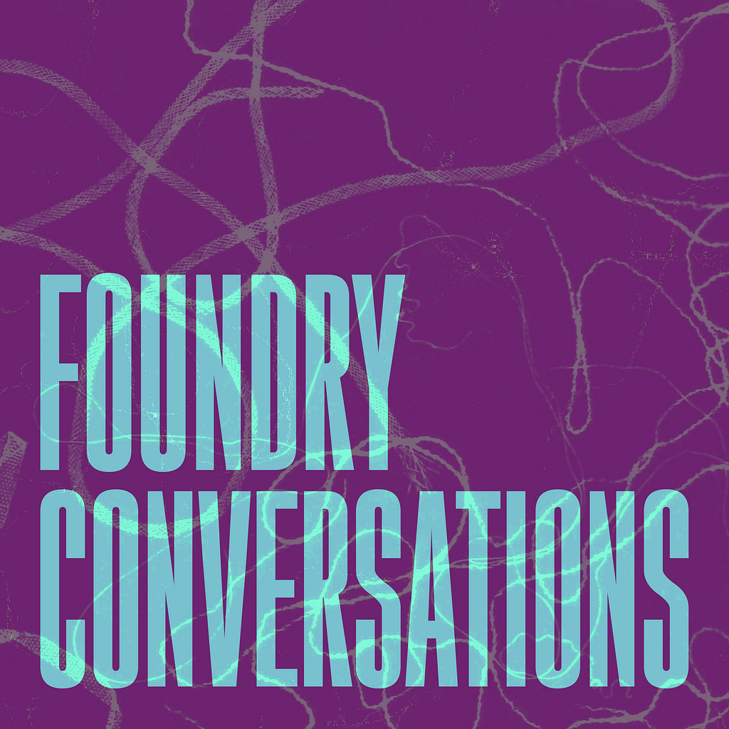 Foundry Conversations square logo — purple background, blue font with background lines that represent the community connections and the weaving of a conversation