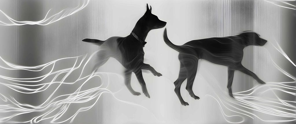 A gray-scale image of two silhouetted dogs wandering through a featureless environment. Wisps of wavy whites reach out for the dogs.