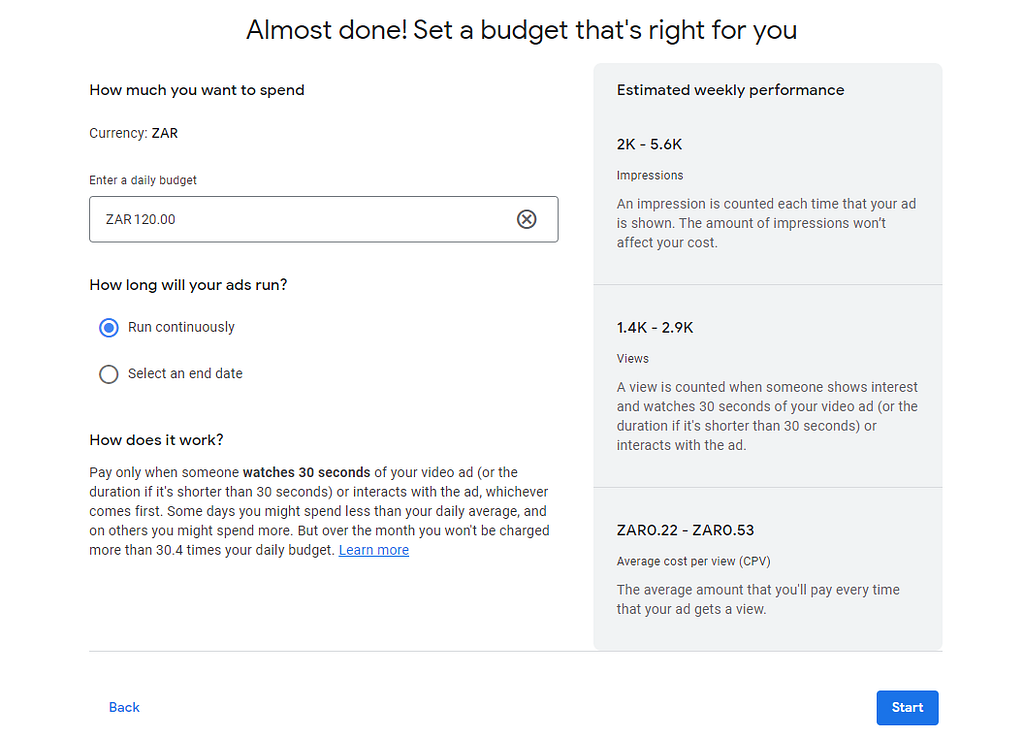 setting your Google video ads budget