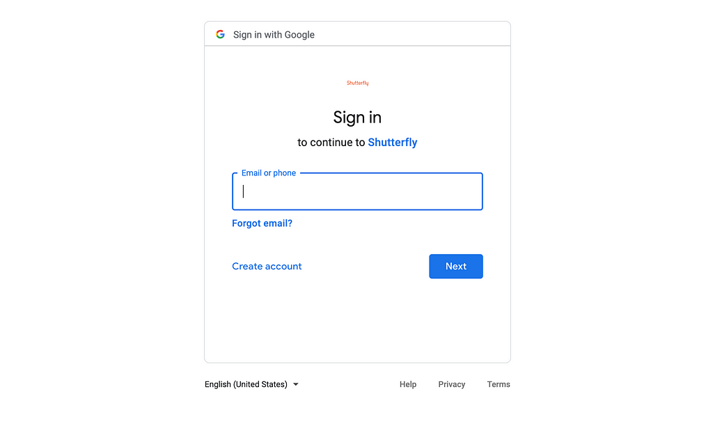 Google OAuth Login Screen for Shutterfly