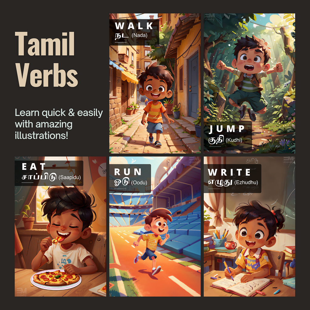Kids Learning Tamil verbs with Tamil picture books for kids and beginners