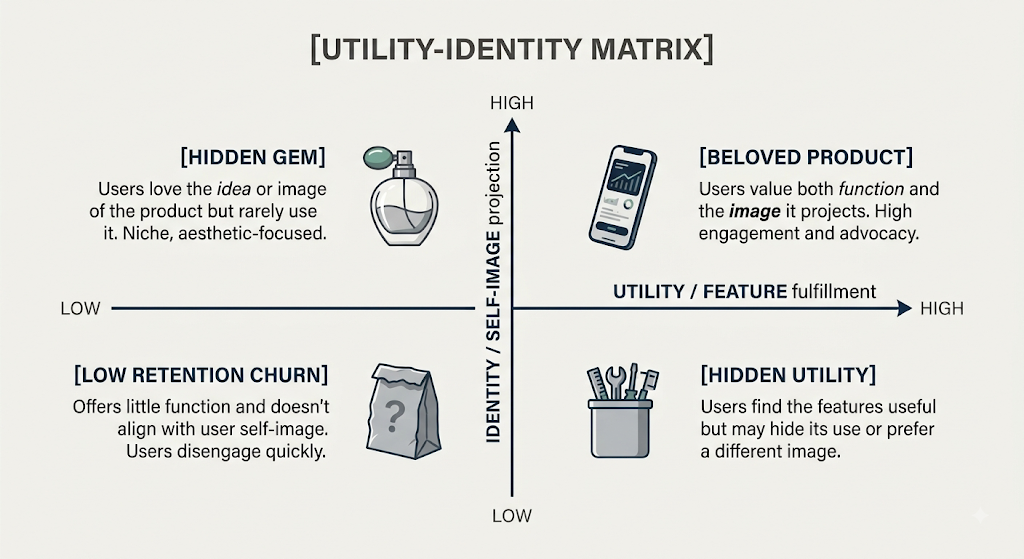 The Utility-Identity Matrix: Features and self-image need to be balanced for true product-market fit. Diagram concept and content directed by the author; execution assisted by AI.