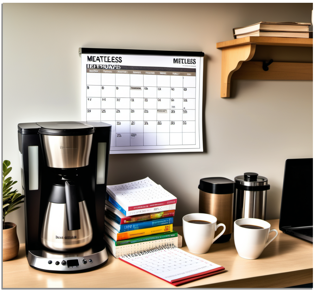 Family kitchen scene with a couple using a coffee maker, a calendar marked with meatless days, a pile of library books, an energy-saving light bulb, and a laptop displaying a reduced utility bill.