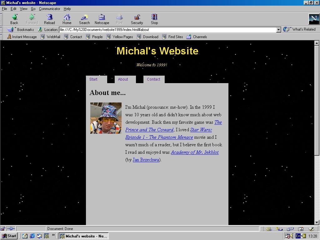 Screenshot of 1999 webpage with about tab open on Netscape Navigator v4.51