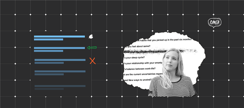 A graphical background showcasing a questionnaire marked on the left, and a person thinking on the right.