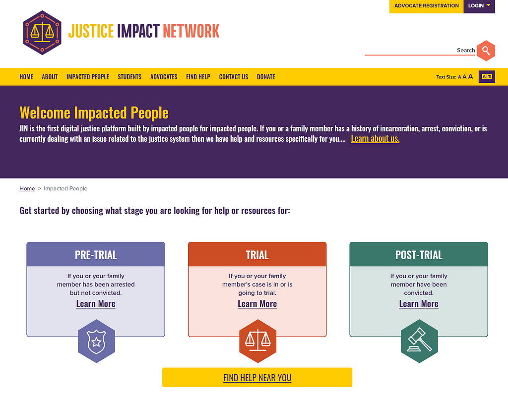 A screenshot of the impacted people portal on JusticeImpactNetwork.org. It shows three trial stages for the user to choose from: Pre-trial, trial, and post-trial.