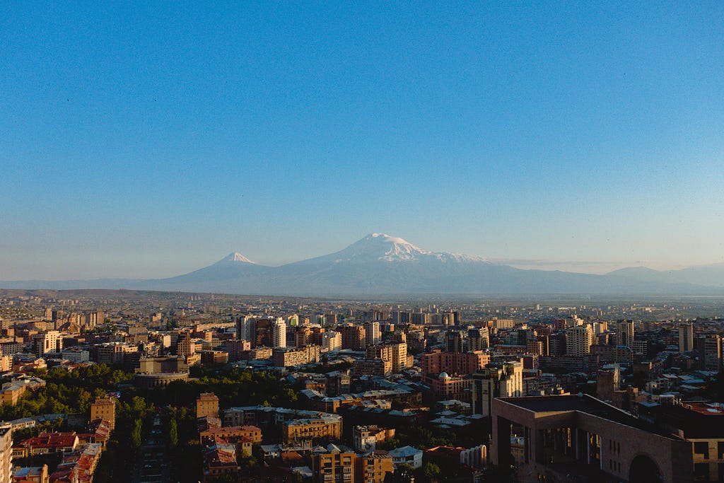 Sunset over Yerevan with Ararat on the horizon, view from Cascade