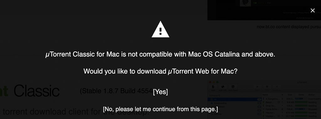 uTorrent Classic is not compatible with Mac OS Catalina and above, which is why you get automatically redirected to uTorrent Web.