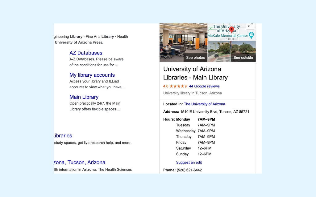 The Main Library’s public hours are displayed correctly in search results