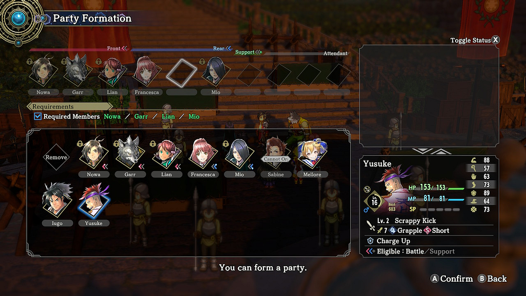 Party select screen, featuring several of your recruits, as well as a short description of their stats.