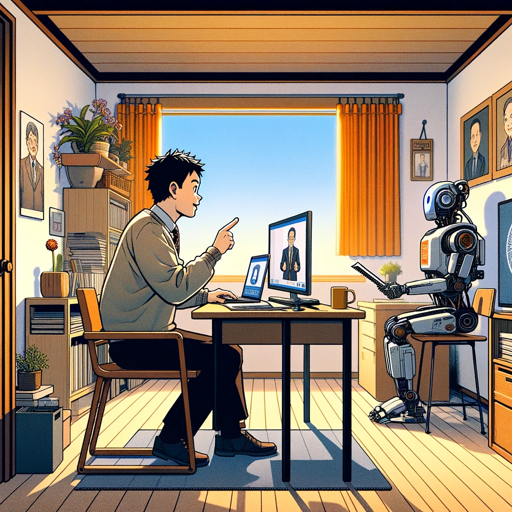 A man conducting an interview remotely from home, with a robot secretly helping him out of view