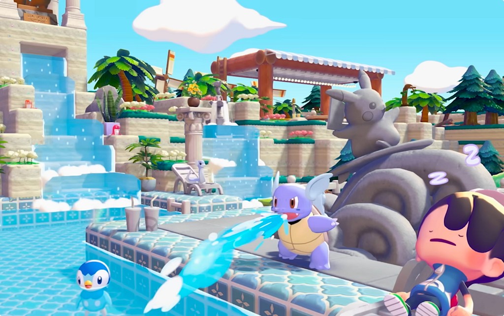 A bright, Mediterranean-style scene from Pokémon Pokopia showing a tiled pool area with the sleeping player character, a Wartortle spraying water, and a Piplup nearby, surrounded by palm trees and classical architecture.