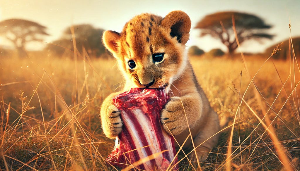 A lion cub trying to eat a Meat piece