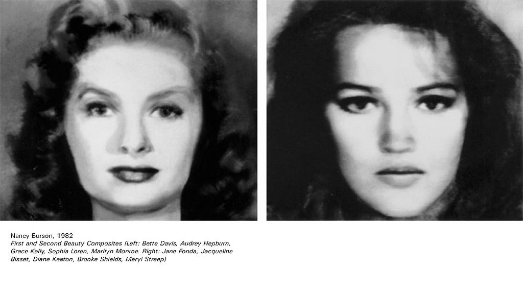“First and Second Beauty Composites” (1982) by Nancy Burson. Left: a composite image of Bette Davis, Audrey Hepburn, Grace Kelly, Sophia Loren, and Marilyn Monroe. Right: a composite image of Jane Fonda, Jacqueline Bisset, Diane Keaton, Brooke Shields, and Meryl Streep.
