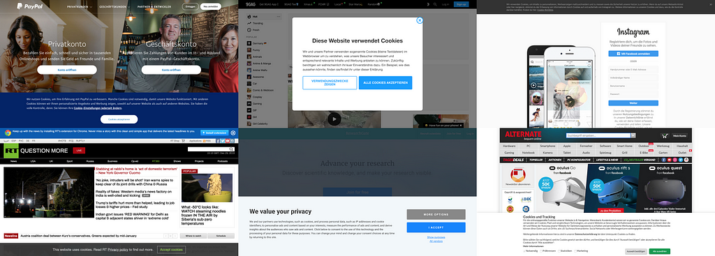 Screenshots of 6 different websites showing their landing page with a cookie notice.