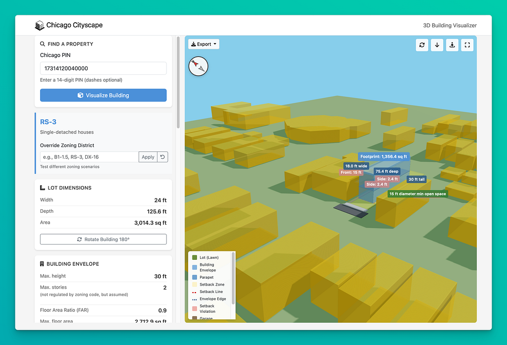 screenshot of Chicago Cityscape 3D building visualizer; on the left is a set of zoning standards that apply to the property with the given PIN; on the right is a 3D visualization of a possible building envelope that meets those standards.