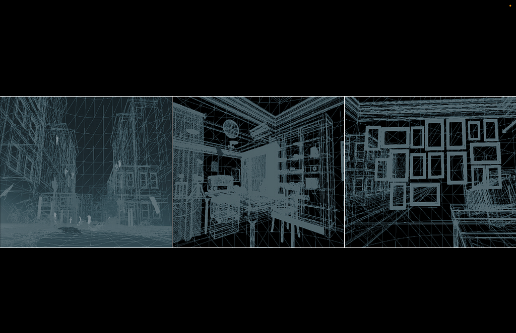 Three wireframe scenes, from left to right: a streetscape with multi-story buildings, the interior of a shop, and a photo wall.