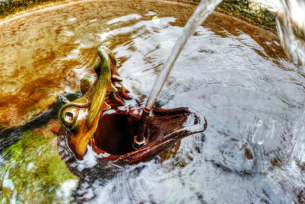 A decorative fountain featuring a frog sculpted spouting water from its mouth into a round basin.