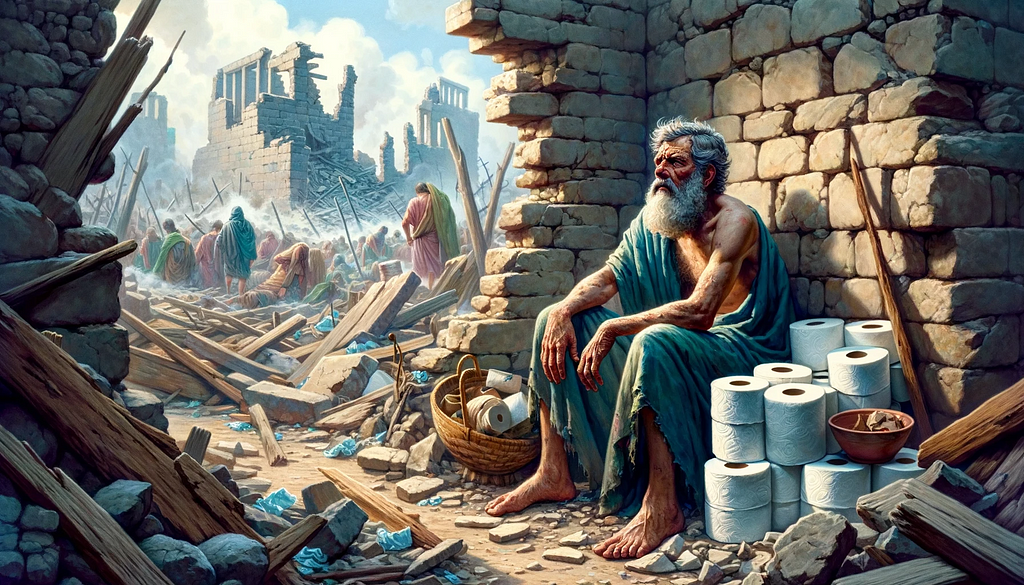 AI-generated image of Job sitting in the ruins of his life but with his reserve of toilet paper completely untouched.