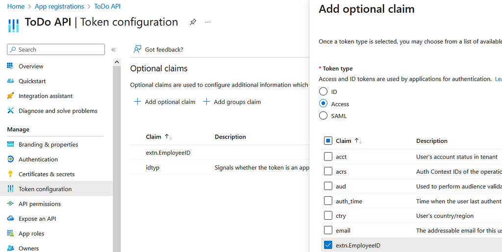 Image showing “Token configuration” / “Add optional cliam”