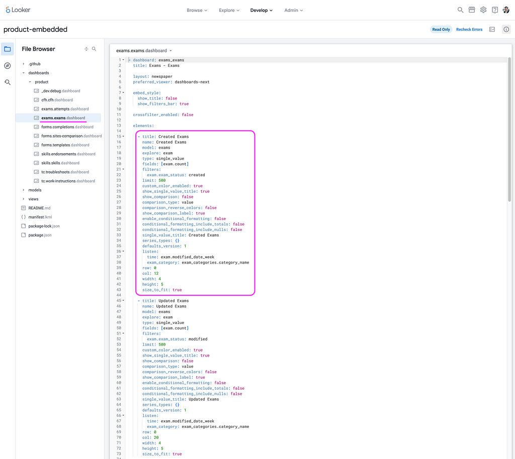 A screen capture of the Looker UI showing a part if the LookML code used to define a dashboard, highlighting a KPI, an element of the dashboard for the exams data.