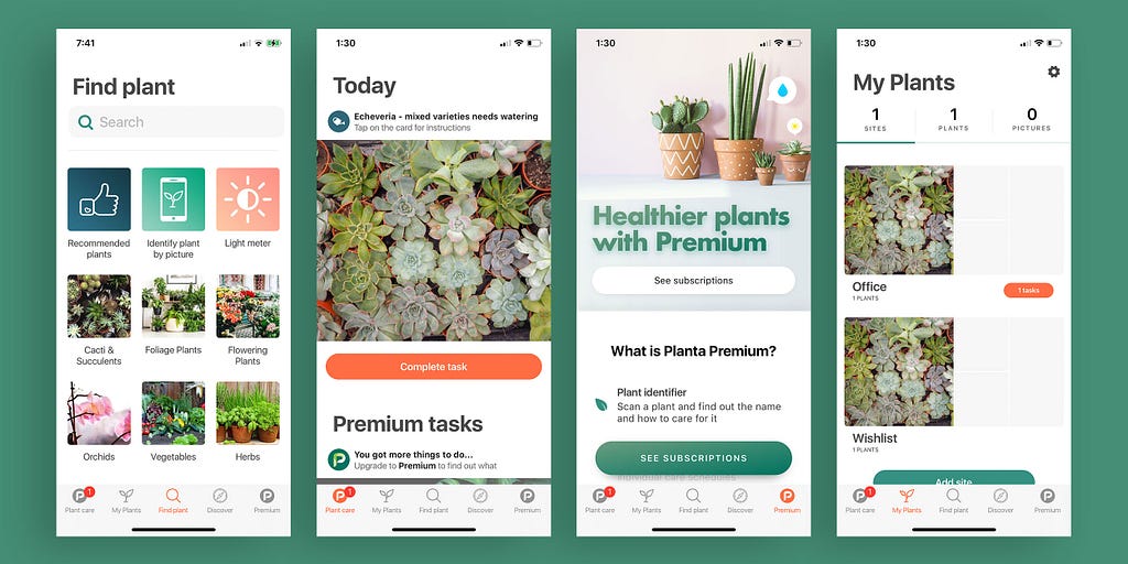 Four screenshots showing different pages for the Planta app: the main category page, an individual task, the premium subscription page, and a list page of “my plants.”